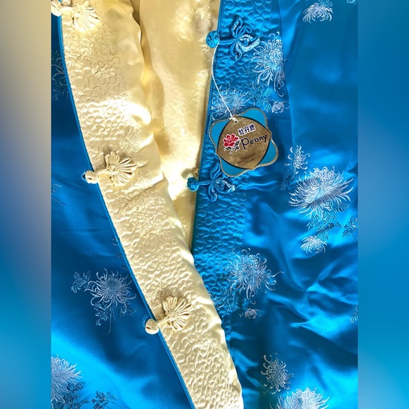 Vintage 1960s Chinese Satin Blue Yellow Reversible Floral Jacket Frog Closures - Picture 12 of 16